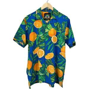 NEW LIFE IS A BEACH Men's L Turquoise Orange Stretch Short Sleeve Hawaiian Shirt